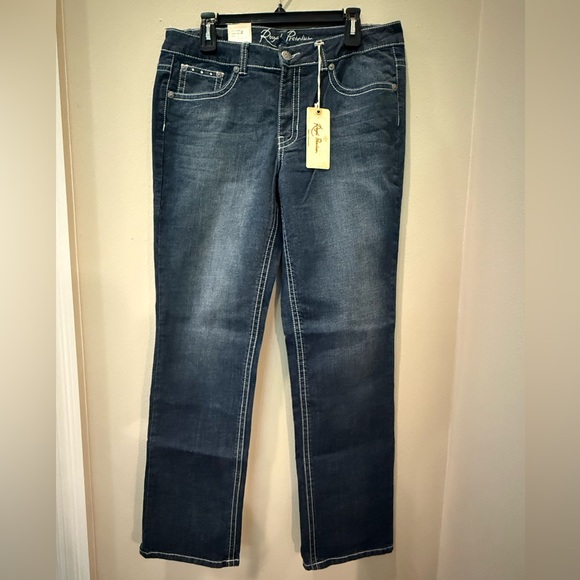 Royal Premium Denim - Royal Premium Straight Leg Jeans with Embellished Back Pockets & Subtle Fading